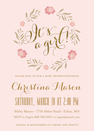 Rose Wreath Pink Stripes Baby Shower Invitations
