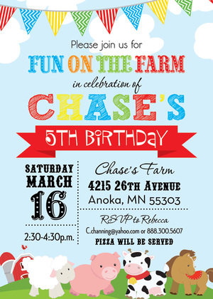 Girls Fun Farm Blue Sky Invitations