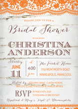 Coordinated Orange Lace Over Birch Bridal Invitations
