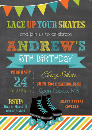 Red Black Roller Skates Chalkboard Birthday Invitations