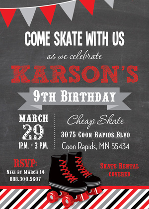 Turquoise Roller Skates Chalkboard Birthday Invites