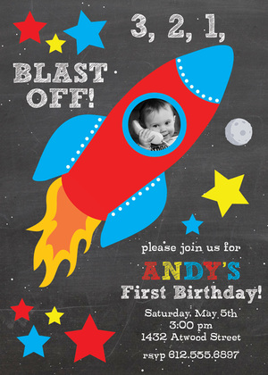 Red Blue Rocket Spaceship Birthday Party Invitations