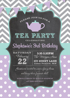 Grey Chevrons Purple Polka Dots Tea Party Invitations