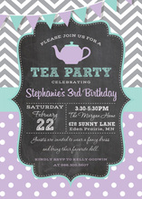 Grey Chevrons Purple Polka Dots Tea Chalkboard Invites