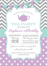 Grey Chevrons Purple Polka Dots Tea Party Invitations