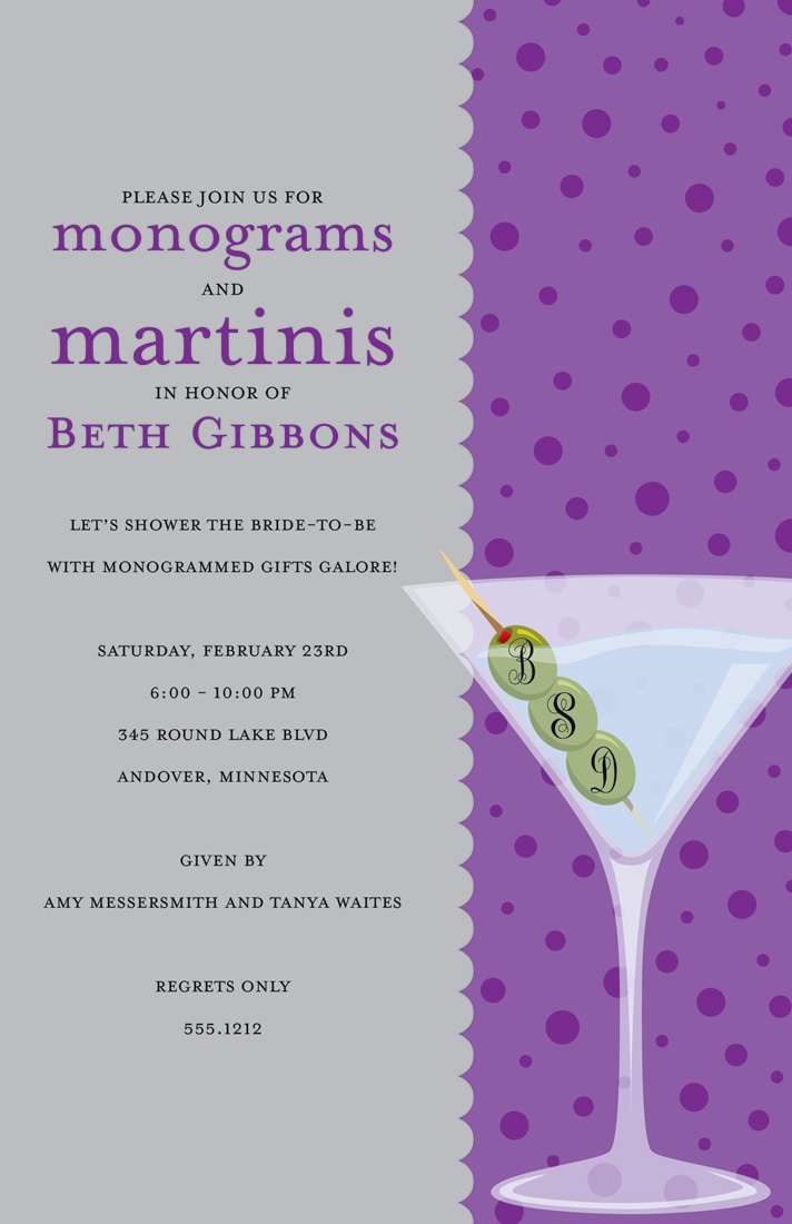 Monograms Olives Martinis Purple Polka Dots Invitation