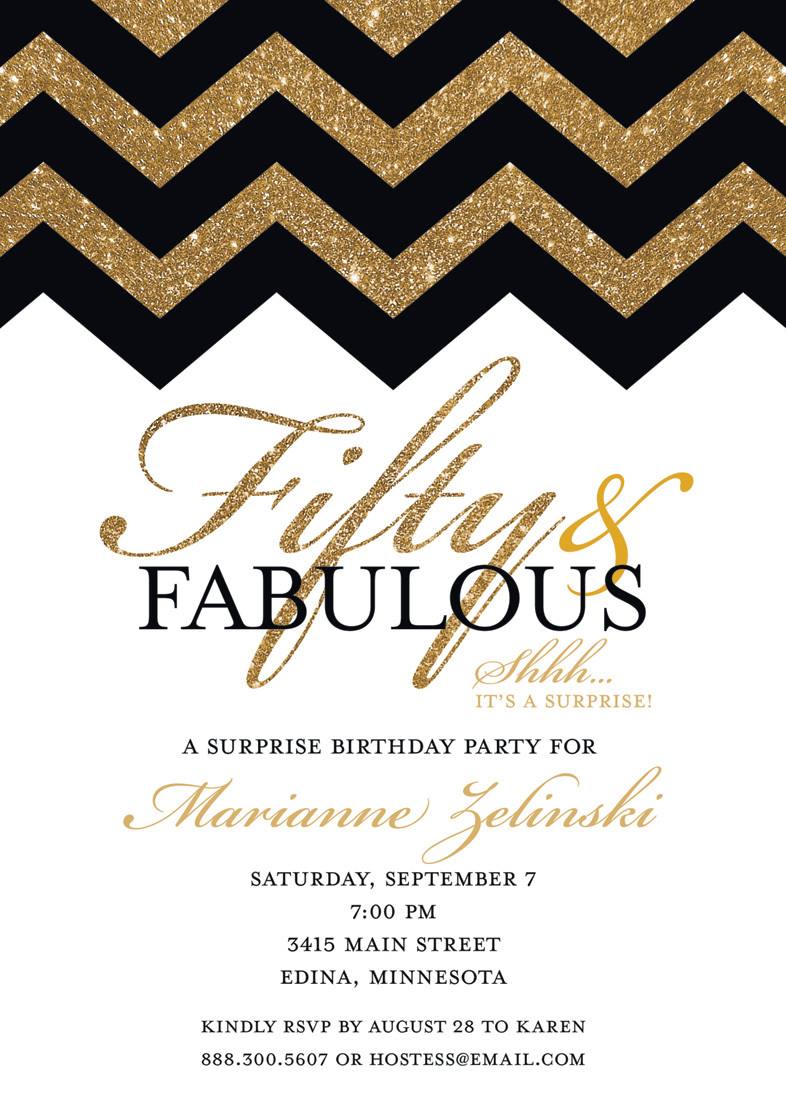 Fabulous Gold Glitter Chevron Fifty Birthday Invites