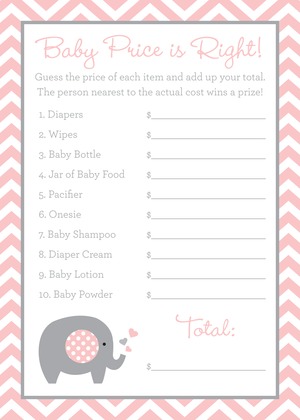 Pink Chevron Elephant Baby Shower Bingo Game