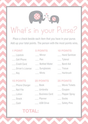 Pink Chevron Elephant Baby Shower Bingo Game