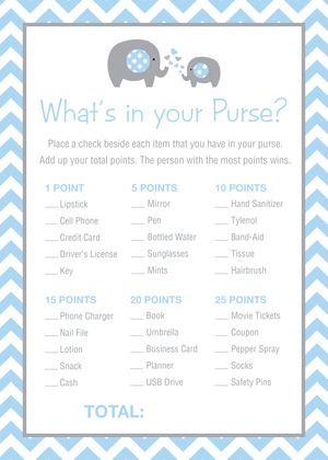 Blue Chevron Elephant Baby Shower Bingo Game