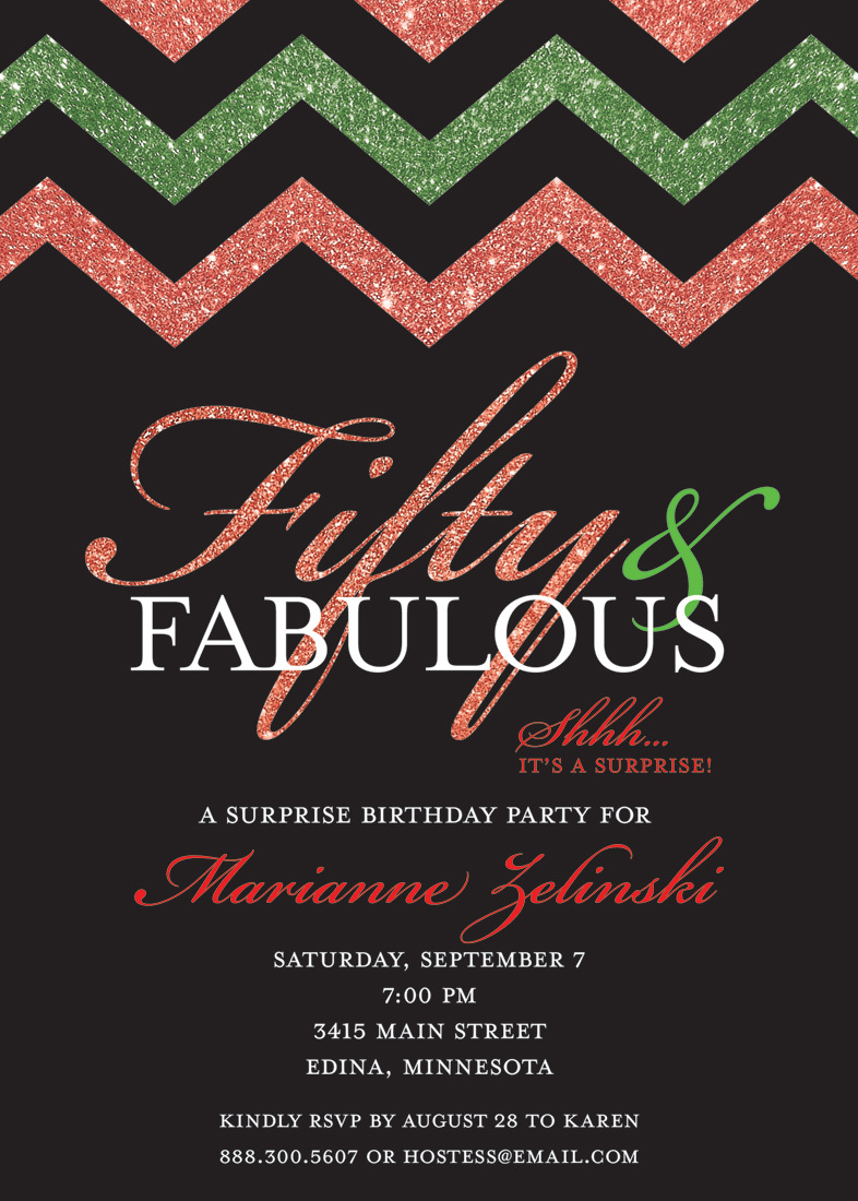 Holiday Green Red Glitter Chevron Fifty Invitations