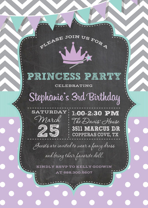 Chevrons Polka Dots Princess Chalkboard Invitations