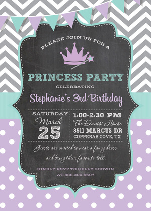 Grey Chevrons Purple Polka Dots Princess Invitations