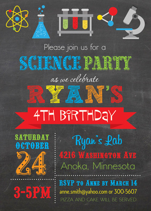 Bright Colors Science Girl Chalkboard Birthday Invites