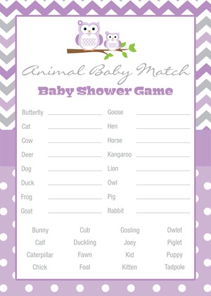 Purple Chevron Owls Baby Shower Bingo Cards
