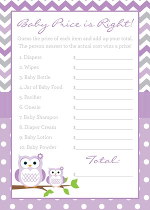 Purple Chevron Owls Baby Shower Bingo Cards