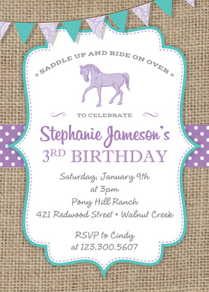 Pink Horse Teal Border Burlap Invitations