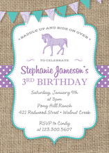 Purple Horse Teal Border Burlap Invitations