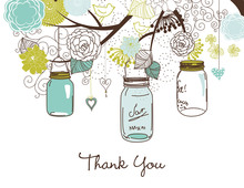 Teal Coral Mason Floral Jars Rustic Thank You Cards