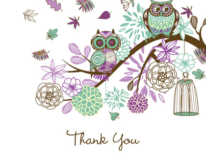 Purple Owls Floral Branch Faux Kraft Thank You Cards