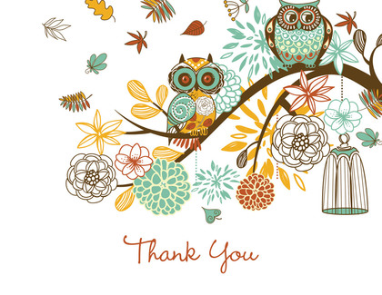 Aqua Owls Floral Branch Rustic Thank You Cards