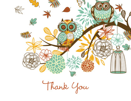 Orange Owls Floral Branch Faux Kraft Thank You Cards