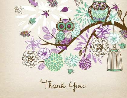 Purple Owls Floral Branch Faux Kraft Thank You Cards