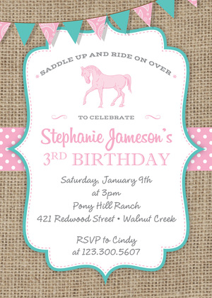 Purple Horse Teal Border Burlap Invitations