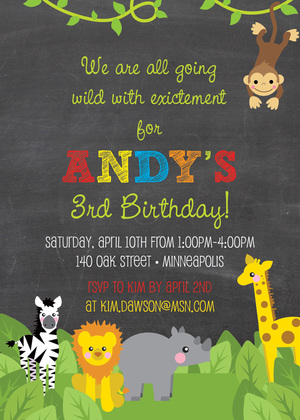 Jungle Animal Safari Chalkboard Girl Birthday Invites