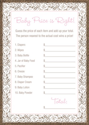 White Lace Border Burlap Baby Shower Price Game