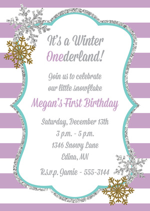 Glitter Snowflakes Pink Stripes Birthday Invitations