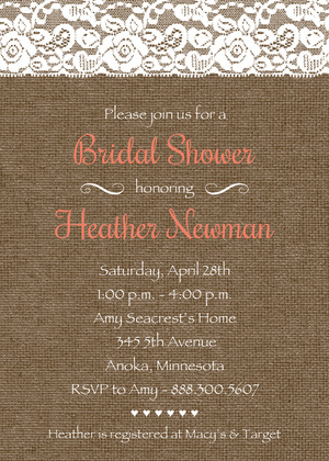 Teal Script Lace On Burlap Bridal Shower Invitations