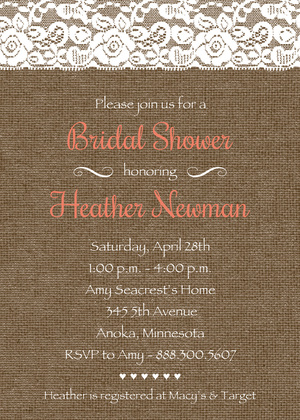 Purple Script Lace On Burlap Bridal Shower Invitations