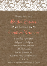 Coral Script Lace On Burlap Bridal Shower Invitations