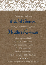 Navy Script Lace On Burlap Bridal Shower Invitations