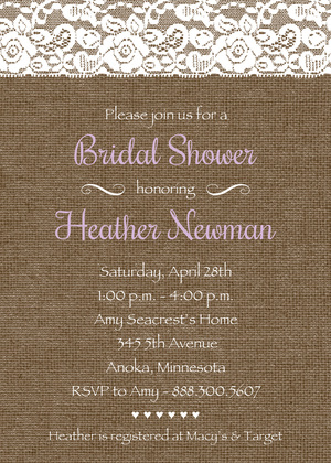 Coral Script Lace On Burlap Bridal Shower Invitations