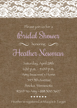 Purple Script Lace On Burlap Bridal Shower Invitations