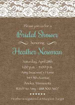 Navy Script Lace On Burlap Bridal Shower Invitations