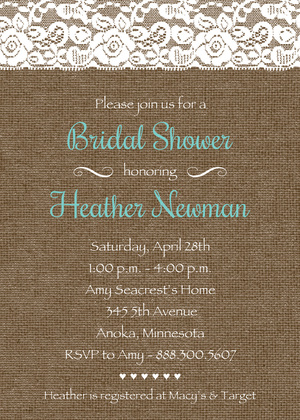 Coral Script Lace On Burlap Bridal Shower Invitations