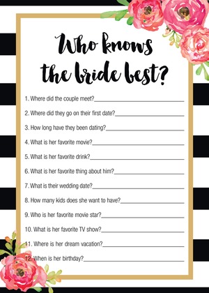 Black Stripes Watercolor Floral Bridal Bingo