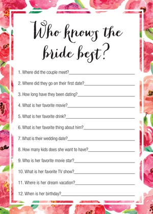 Watercolor Floral Border Bridal Bingo Game