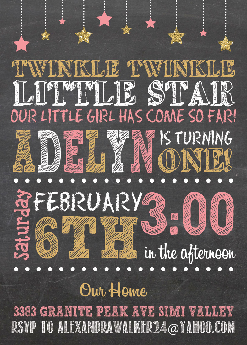 Twinkle Gold Star Pink Girl Chalkboard Invitations