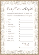 White Lace Border Burlap Baby Shower Price Game