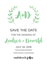 Green Watercolor Laurel Leaf Monogram Invitation