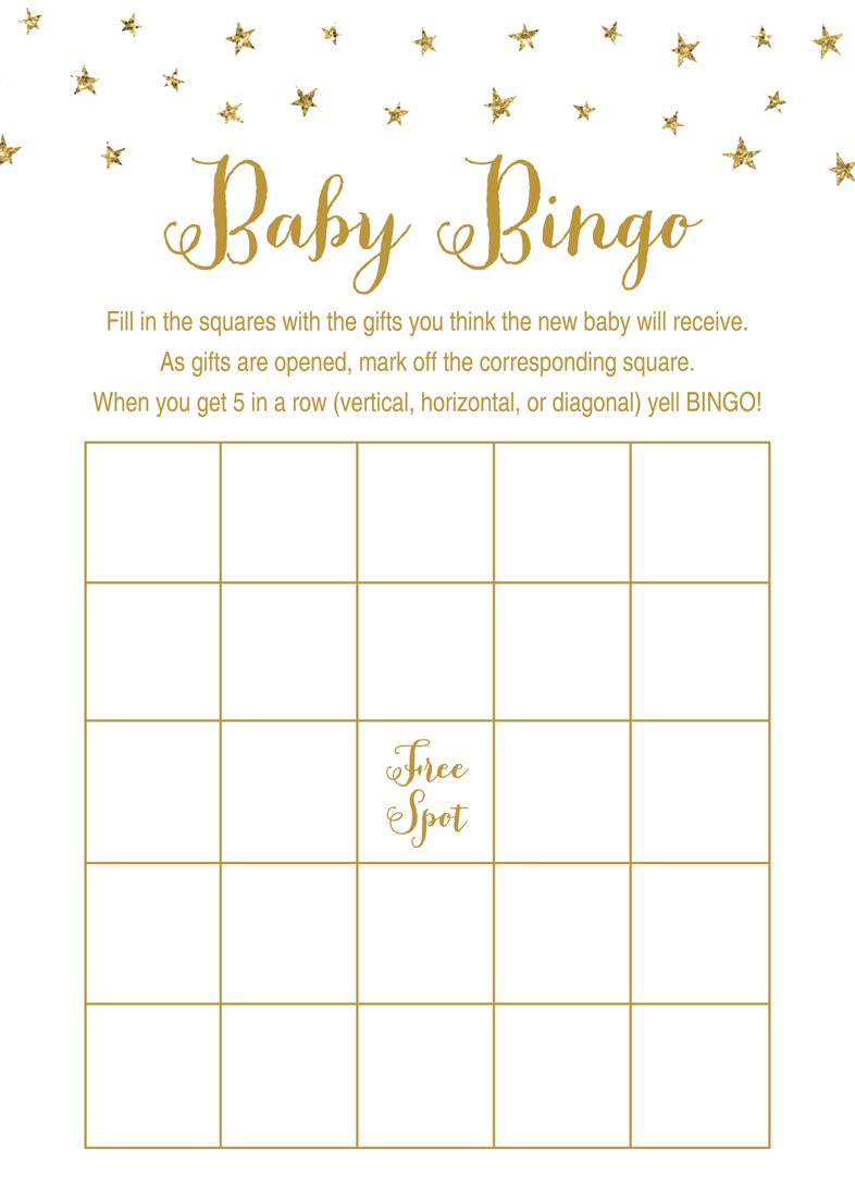 Gold Glitter Graphic Stars Baby Shower Bingo Game