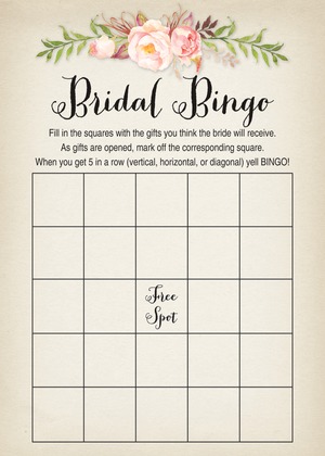 Watercolor Rose Bouquet Black Script Bridal Bingo