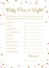 Gold Glitter Graphic Pink Dots Baby Shower Price Game
