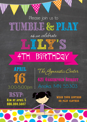 Dots Gymnastics Girl Chalkboard Birthday Invitations