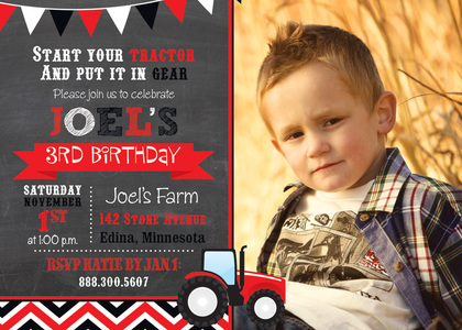 Red Tractor Chevrons Boy Birthday Invitations