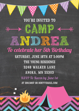 Camping Girls Chalkboard Birthday Invitations